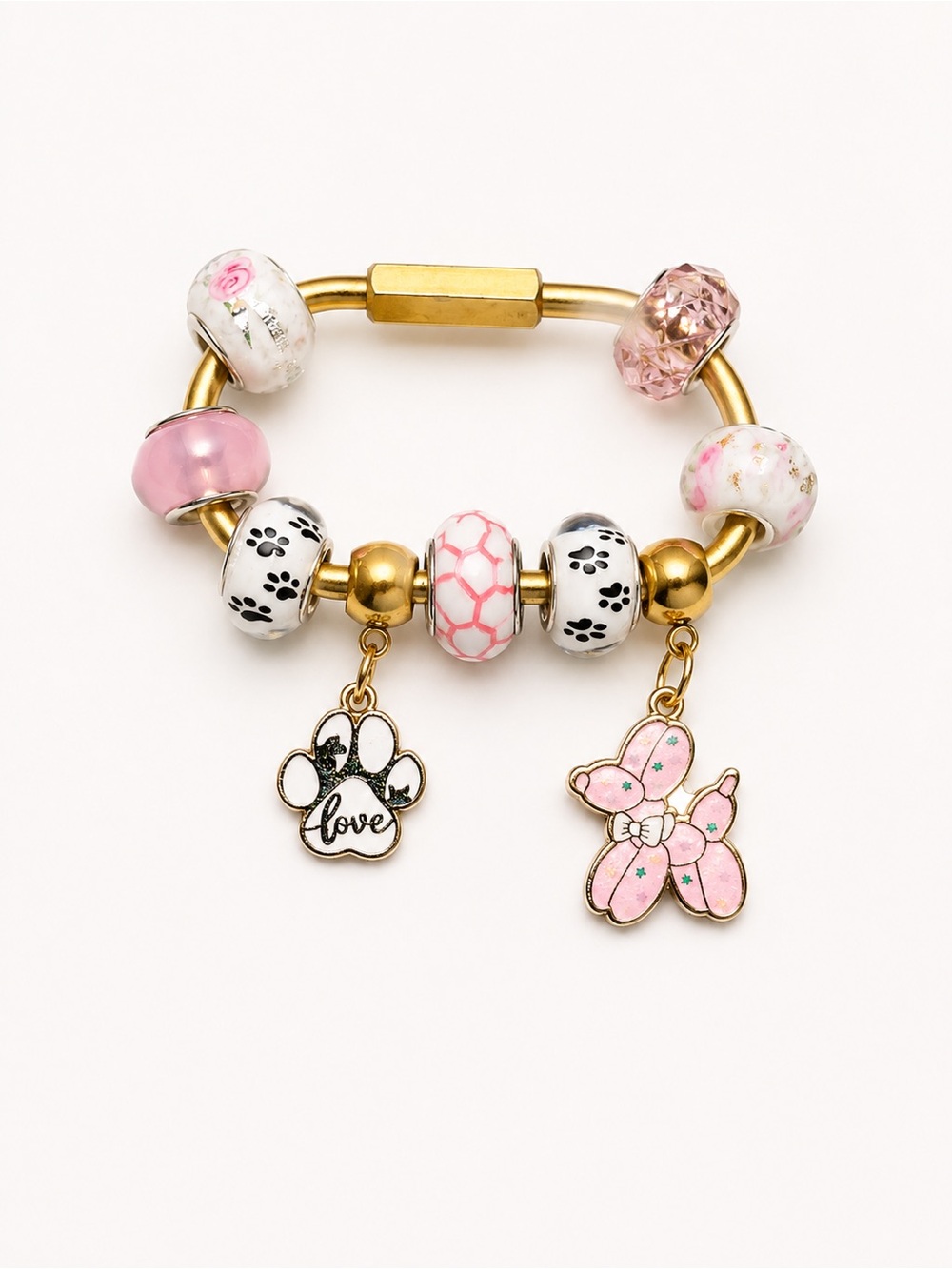Handmade Pink Paw Print Balloon Dog Gold Tone Brass Carabiner Bag Charm